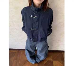 Retro high street American minimalist style unique button design autumn niche fashion casual versatile couple workwear top C260325