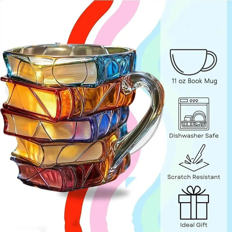 3D Painted Book Mug Glass for Cold Brew Library Club Gift Unique Readers Writers