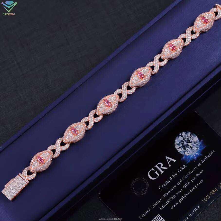 Fashion New Eyes 15Mm Pass Diamond Tester S925 Rose Gold Hip Hop Pink Marquise Moissanite Cuban Bracelet Jewelry