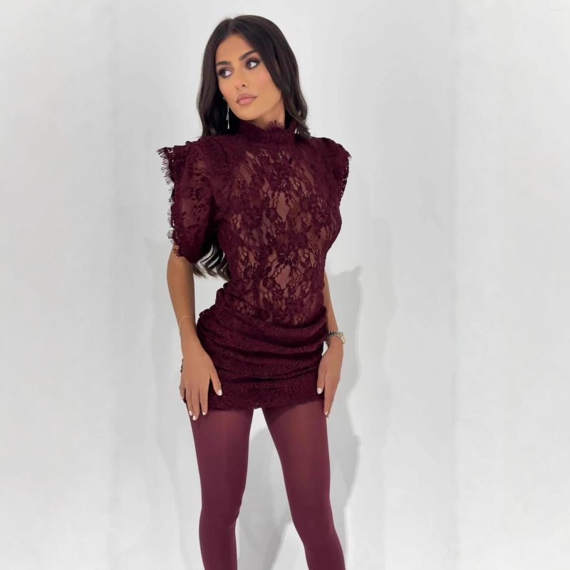 Casual Dresses Elegant Lace Dress Fashion Retro Half High Collar Sleeveless Slim Wrap Hips Mini Women's Sexy Party Female Clothing - view 5