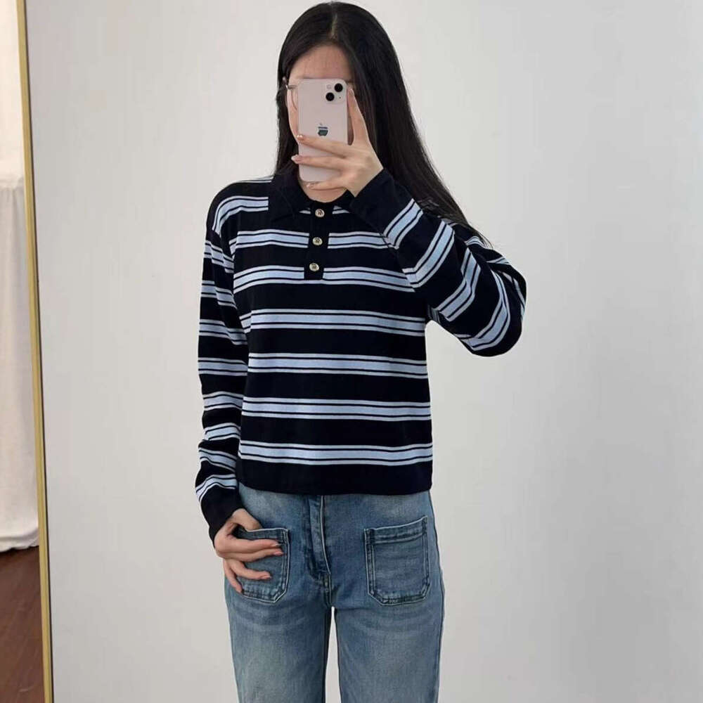 2026 autumn new designer casual loose two tone knitted k30 striped contrasting collar long sleeved top