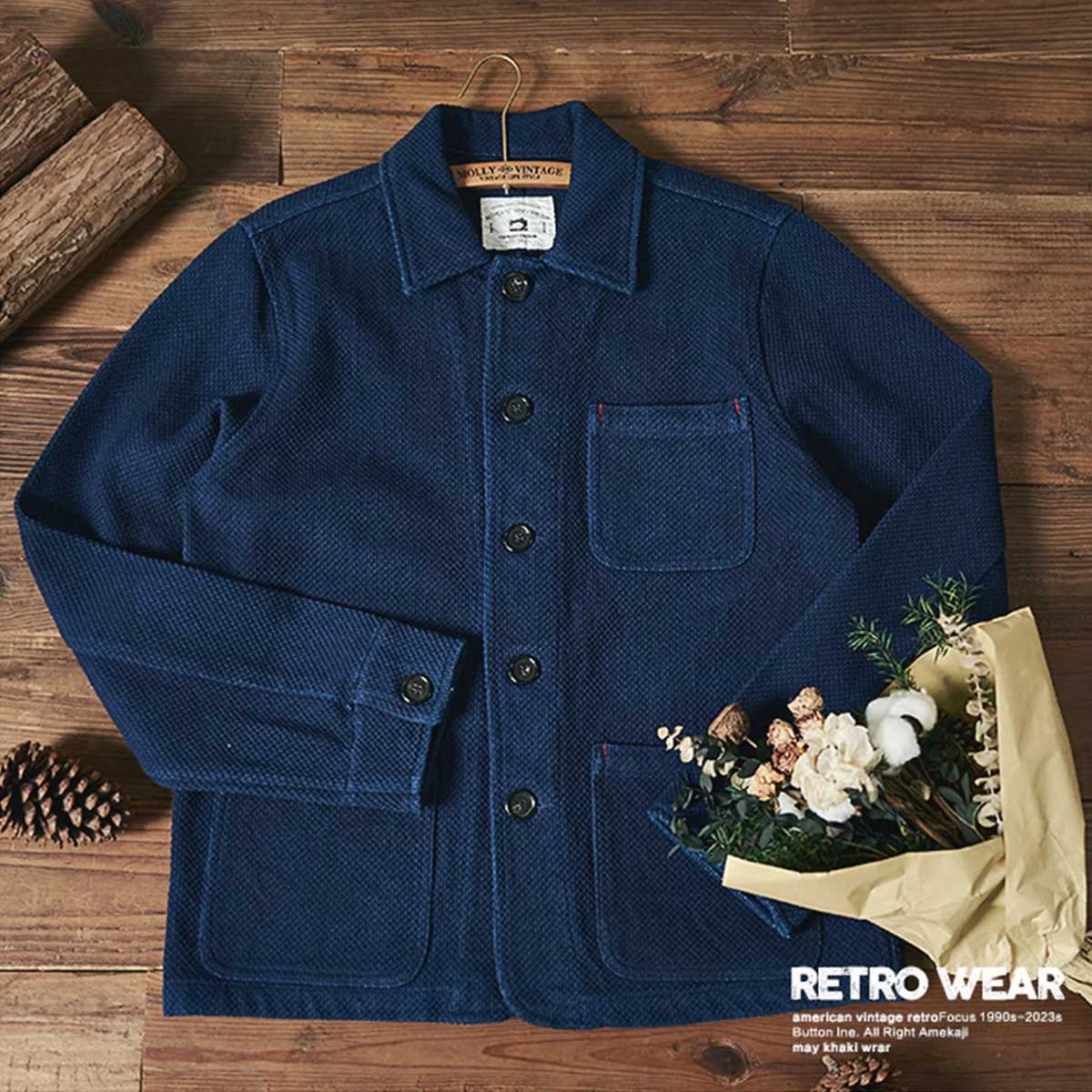 Vintage French Indigo Cargo Jacket Men Retro Casual Cardigan Coat Autumn Winter New Lapel Multi-pocket Blue Dyed Tooling Jacket C260325