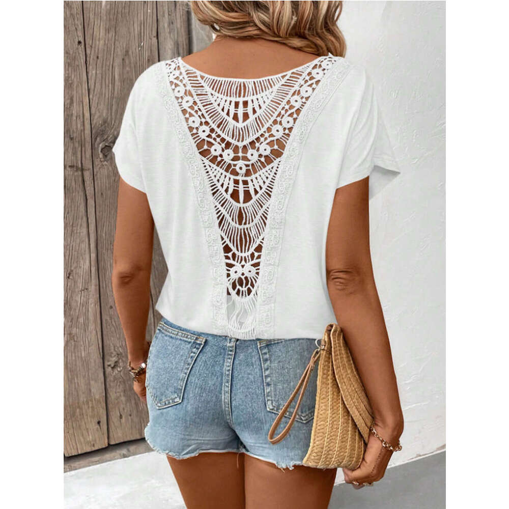 2026 Spring and Summer New European and American Designer Lace s4 Patch Short Sleeve Women's T-shirt