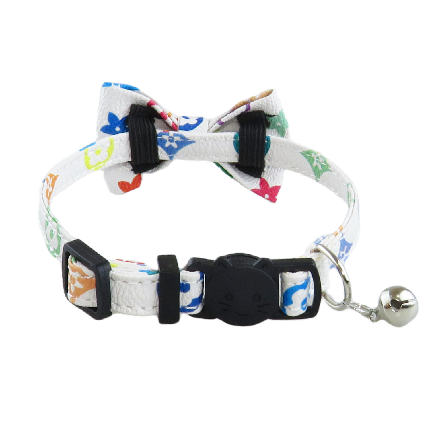 Vintage Pu Pet Collar Printed Pattern Cute Bow Design With Small Bell Safe Comfortable For Cats And Small Dogs