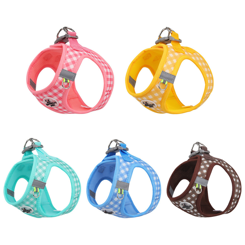 Pet Harness Reflective Dog Leash Cute Plaid Safe Comfortable Adjustable For Small Medium Dogs Puppies Teddy Bichon Frise Macaron Color
