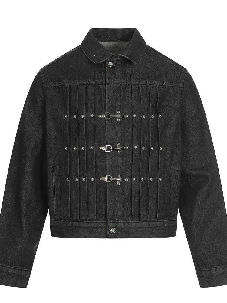 Mens Jacket Punk Vintage Streetwear Black Denim Short Coat Metal Buckle Studded Design Pleated Detail Retro Cool Hip Hop Fashion C260325