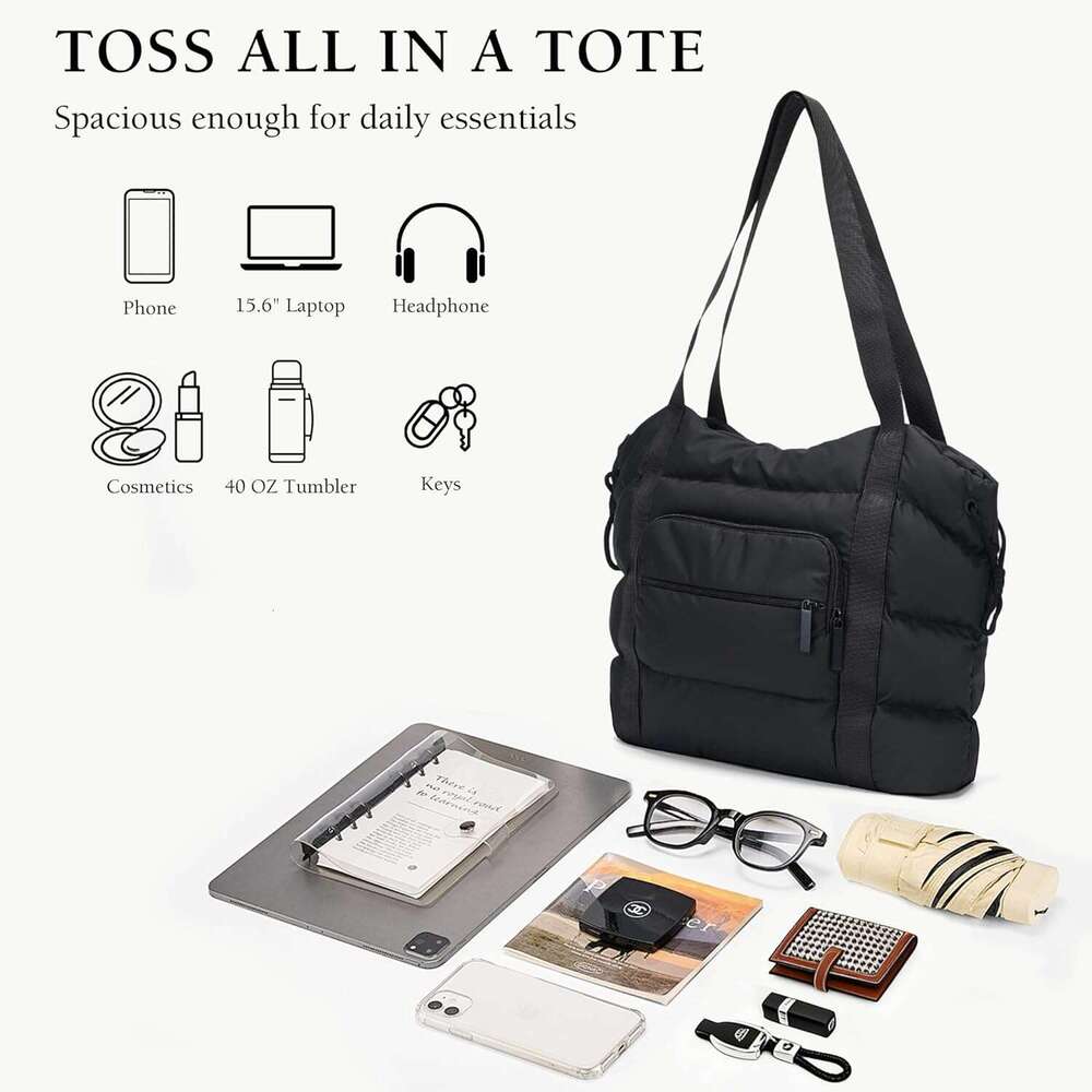 Women, Lightweight Quilted Puffer Tote with Multiple Pockets, Large Capacity Shoulder Work Bag for Travel