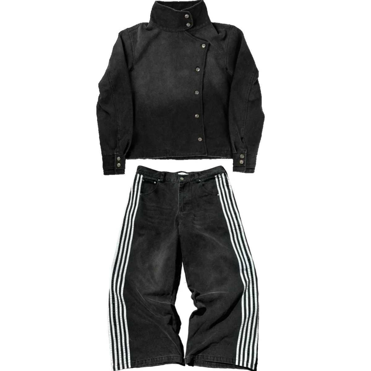 Black Fencing Jacket Striped jeans two-piece set High Neck Loose Casual Denim Jacket High Street Men Y2K Men Clothing C260325