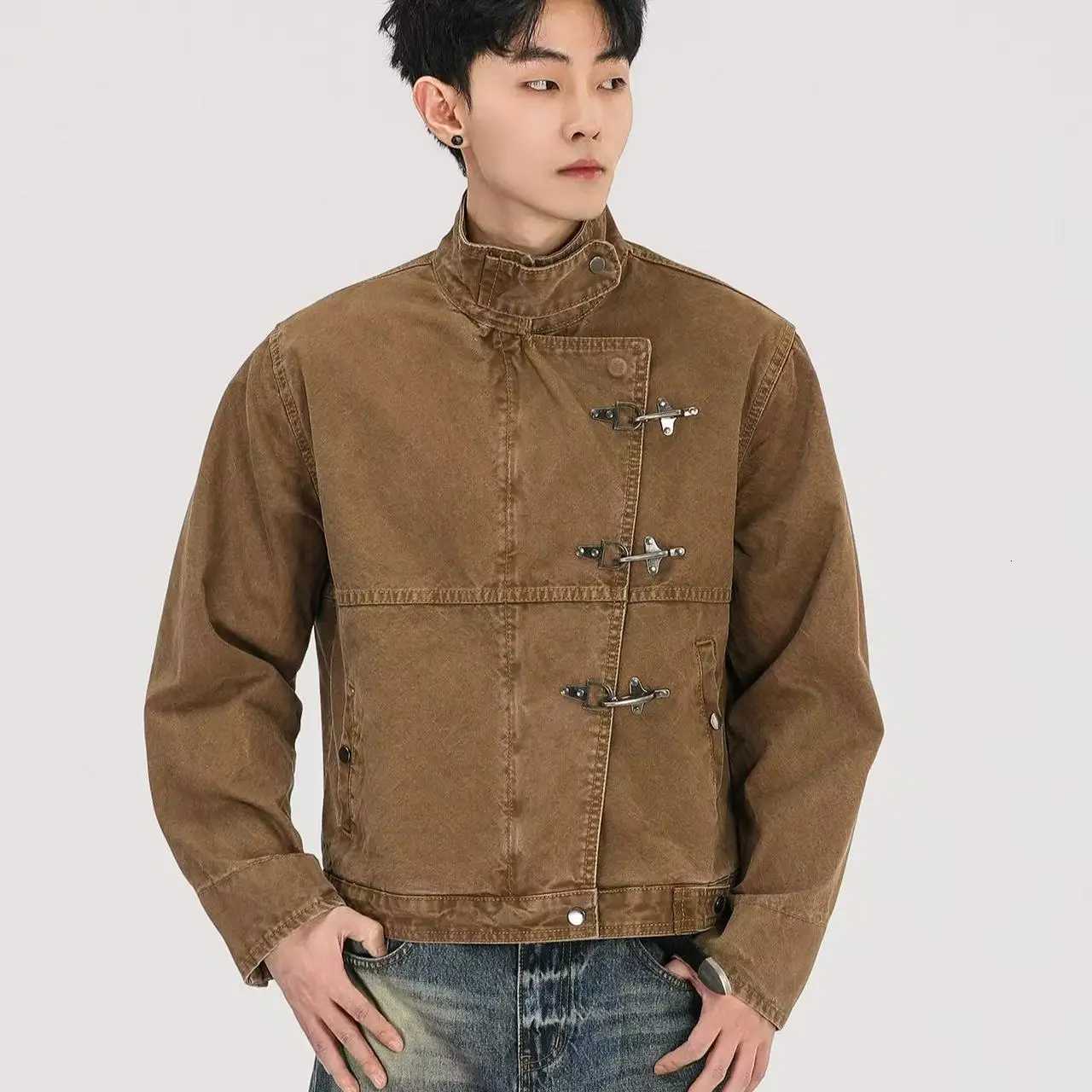 Mens Brown Retro American Style Lapel Collar Short Jacket Minimalist Workwear Structural Splicing Premium Early Autumn Coat C260325