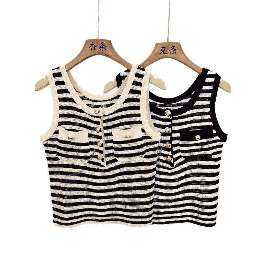 2026 designer high-end classic striped color blocked knitted women's vest summer youth button s4 up sleeveless top