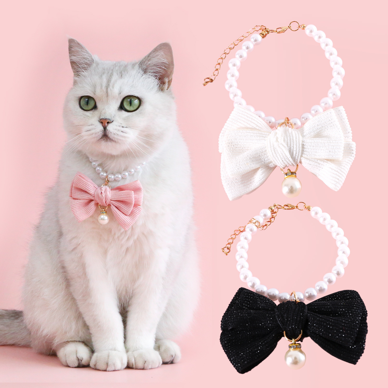 Pet Collar Pearl Diamond Necklace Velvet Bow Tie Pendant Princess Style Birthday Gift For Cats Puppies