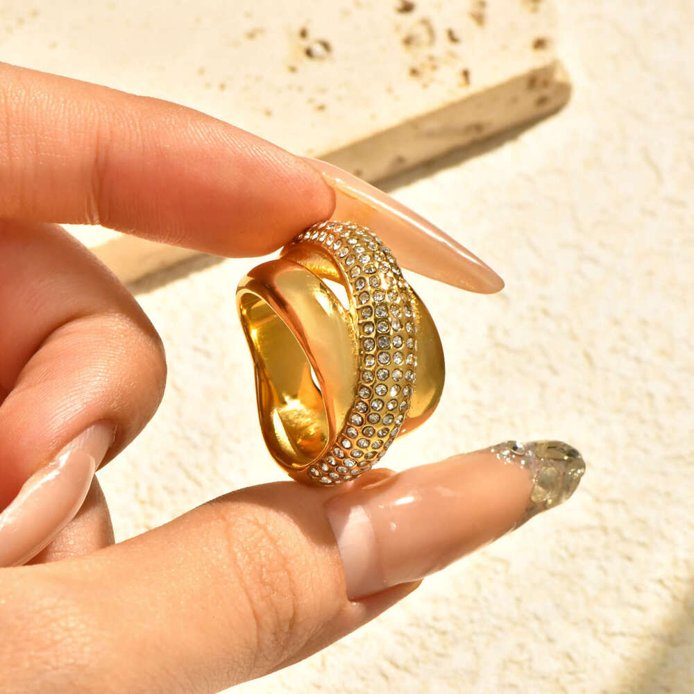 fashion ring desigenr for women geometric cross diamond inlaid zircon exaggerated stainless steel 18k gold ring