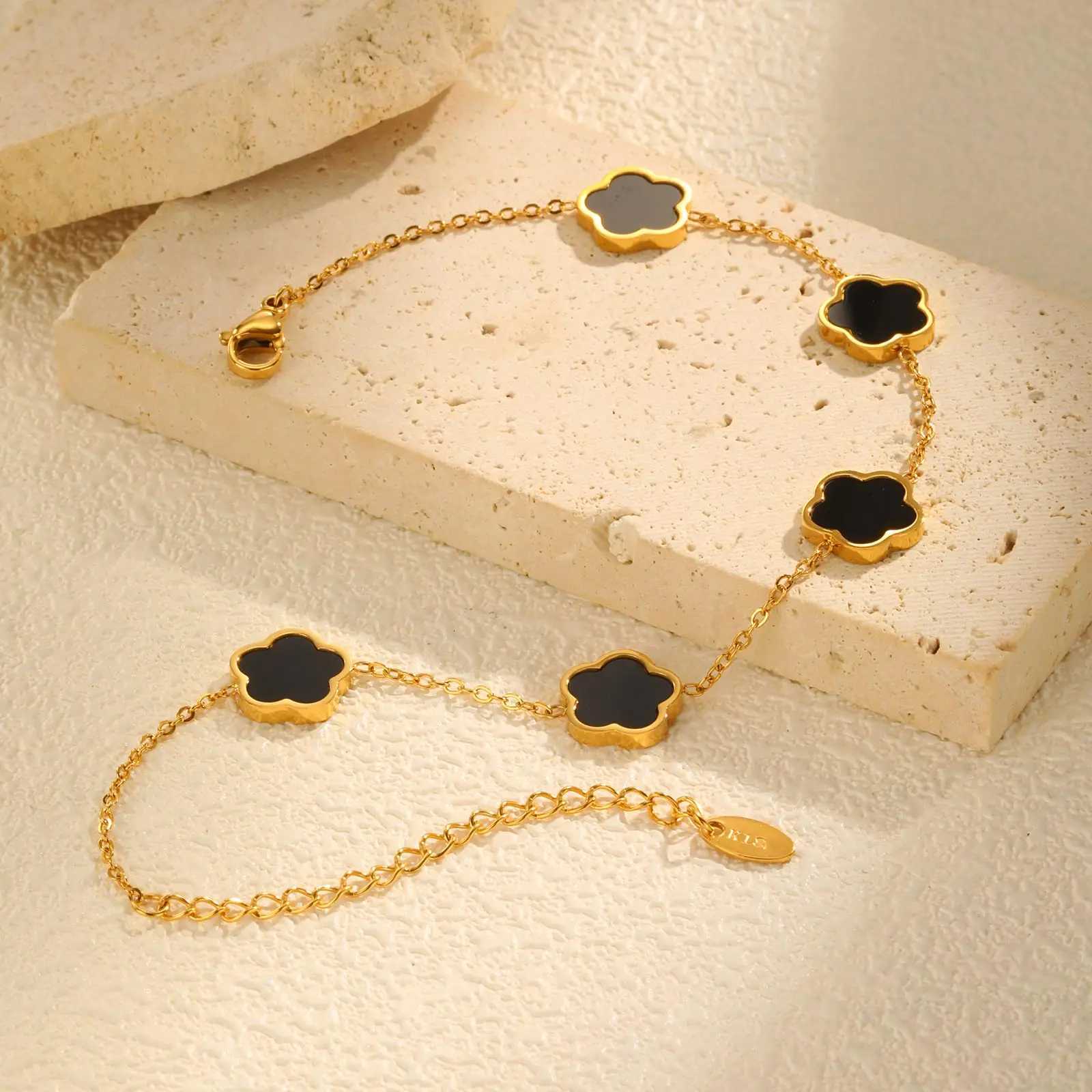 Classic Black Five Flower Anklet for WomenStainlESS Steel Waterproof Chain AnkletsSummer Beach Jewelry Gifts H260325 - view 6