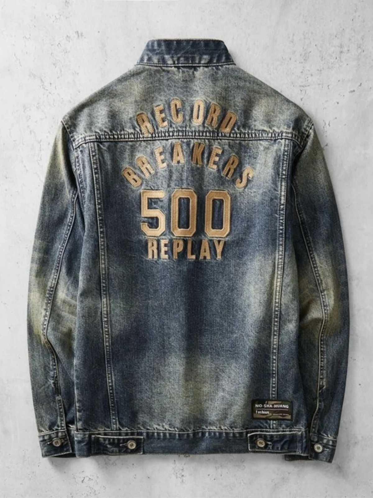 American Style Trendy Brand Mens Zipper Collar Denim Jacket Spring Autumn Slim Fit Embroidered Top Retro Casual Zipper Jacket C260325