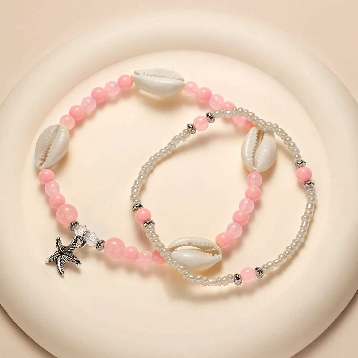 2-piece vacation ocean style alloy starfish pendant with colorful jelly beaded double layered womens anklet H260325 - view 5
