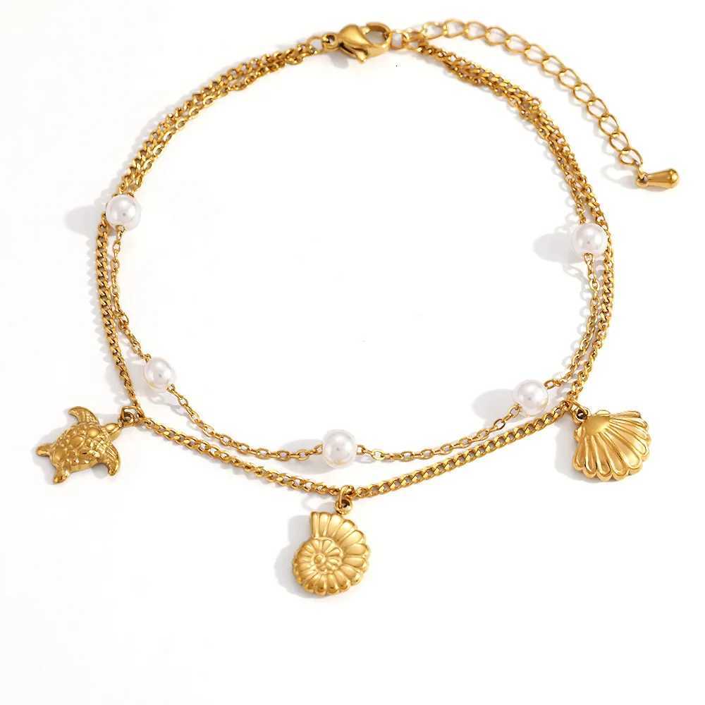 Stainless steel plated 18K gold ankle chain also known as animal double layered pearl chain stacked starfish shell jewelry gift H260325 - view 7