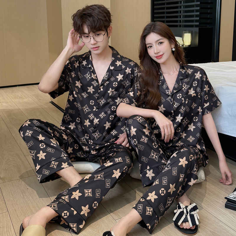 Couple Pajamas Home wear Short Sleeve Shorts Black Gold Floral Ice Silk Two Piece Set Soft Smooth Lightweight Comfortable