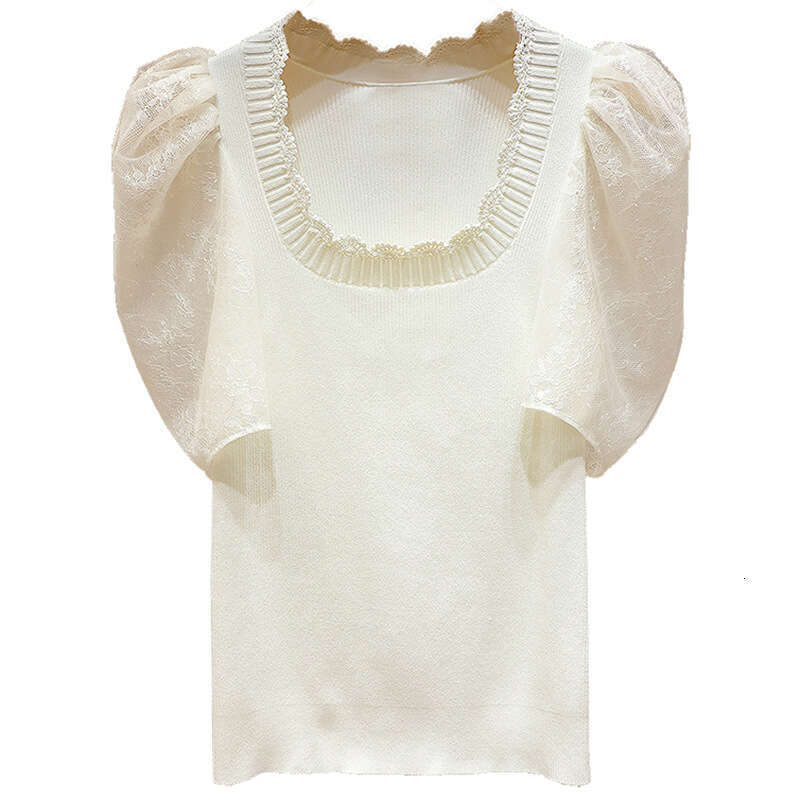 2026 Spring/Summer New Designer Bubble Short Sleeve Square Neck Lace Black k30 Thin Knitted Women's Elegant Top