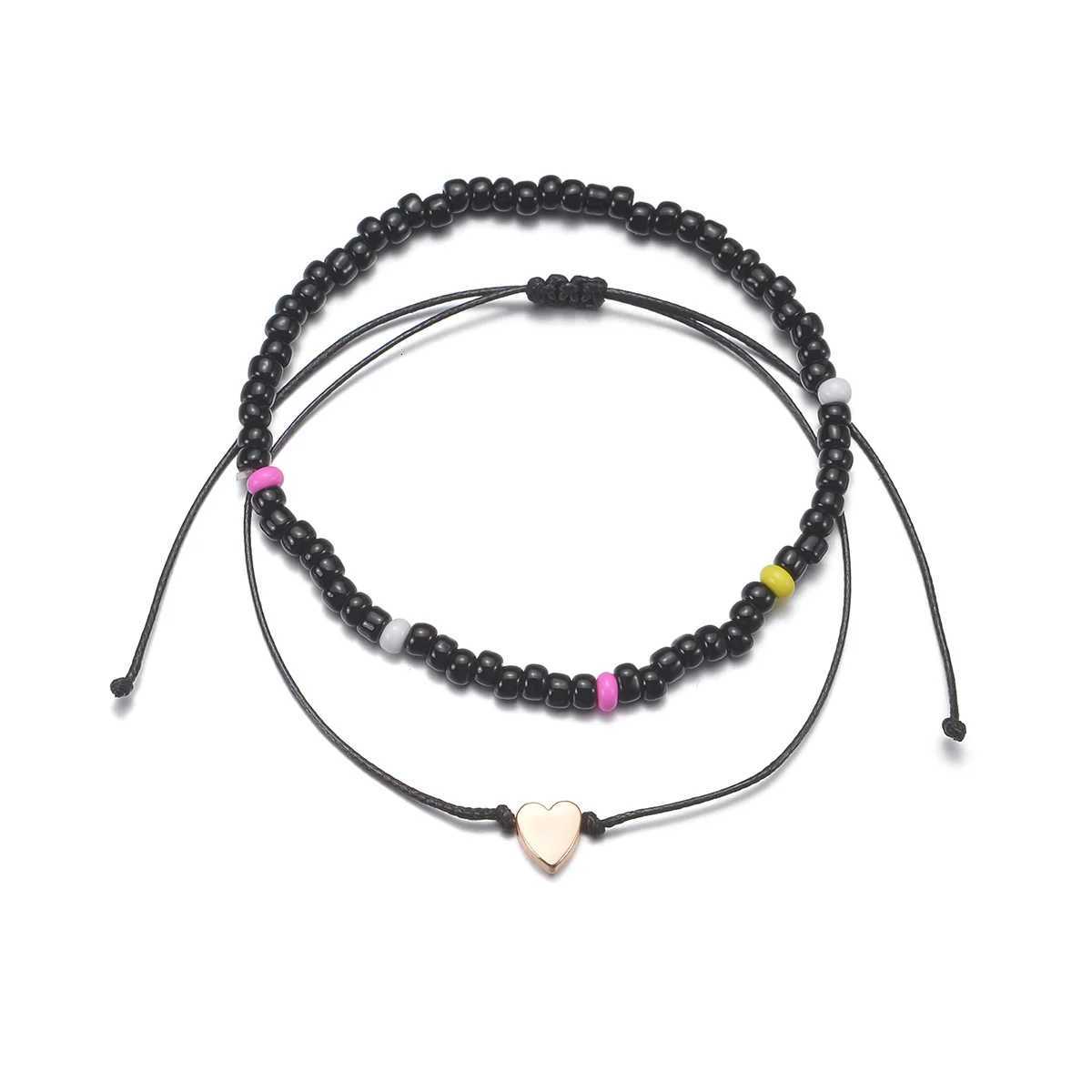 Minimalist style handmade woven heart-shaped black beaded 2-piece set for womens ankles H260325 - view 6