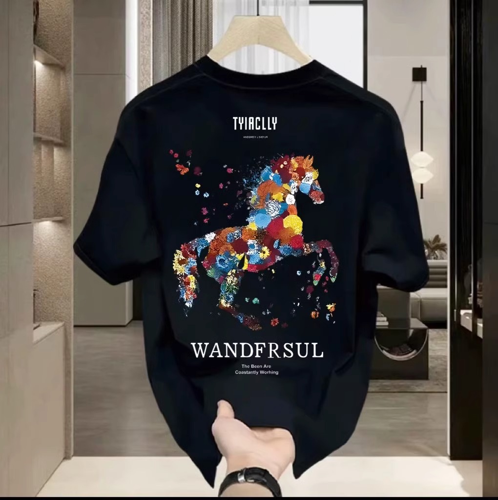 2026 Summer New Arrivals Men's Chinese Streetwear Heavyweight Cotton T-Shirts | Horse Graphic Regular-Fit Crew Neck INS Short Sleeve Tees