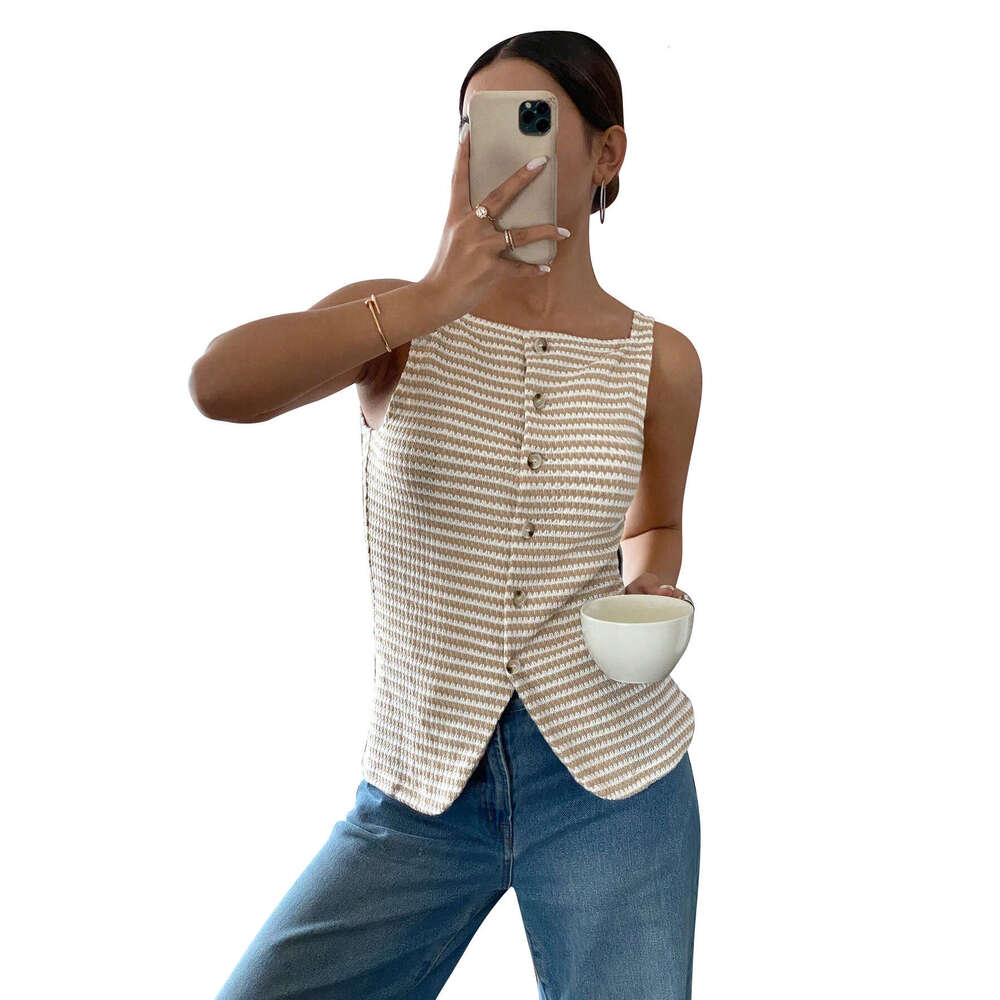 2026 designer summer new European and American women's casual button s4 up sleeveless vest top