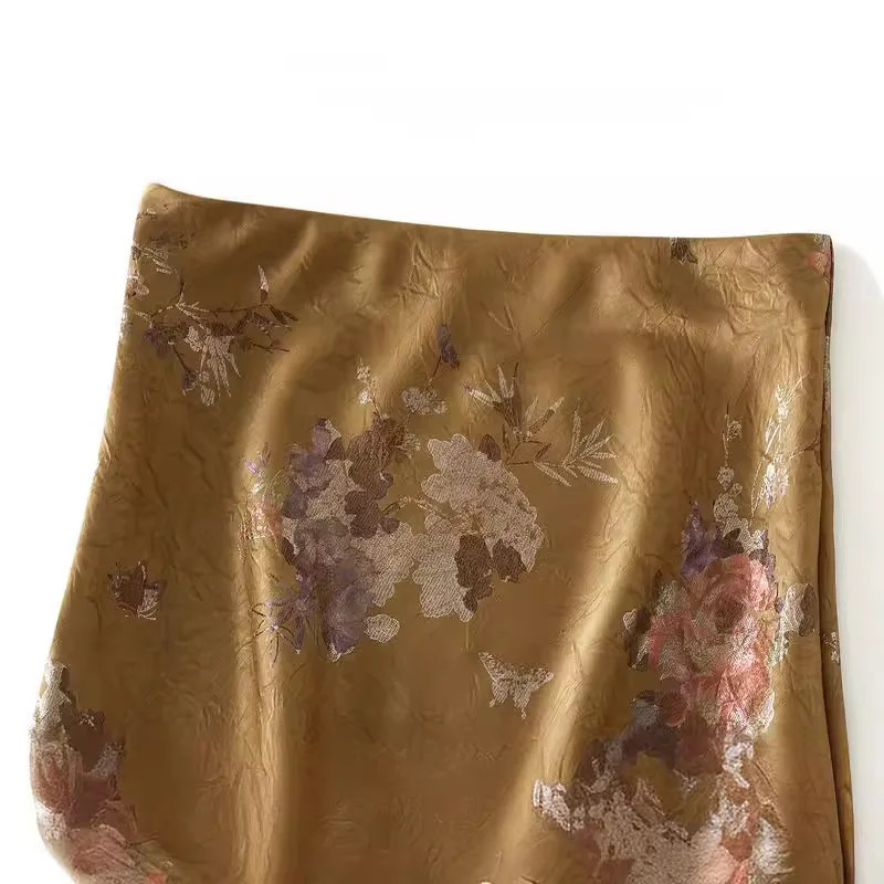 Women Elegant Gilded Printed Pleated Skirts Korean Fashion High Waist Overskirts for Women Vintage Fishtail Long Skirts Summer 260321
