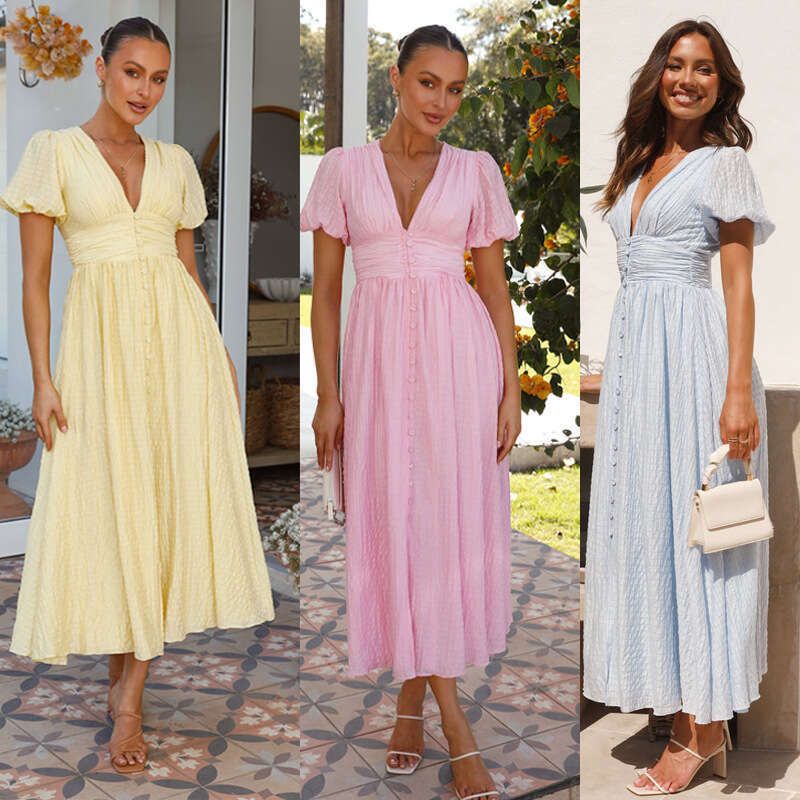 New European American fashion dress, solid color V-neck, long style with puffy sleeves and a large hem slimming effect