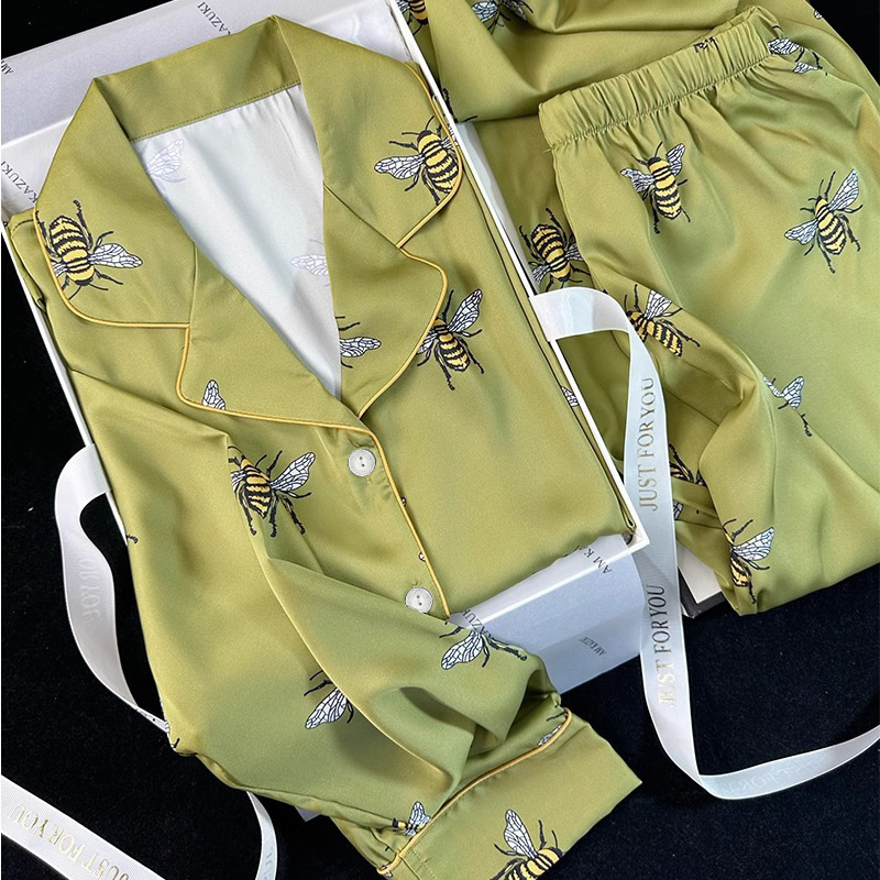 Pajamas Set High End Printed Women Elegant Lapel Long Sleeve Ice Silk Outdoor Wearable Green Homewear