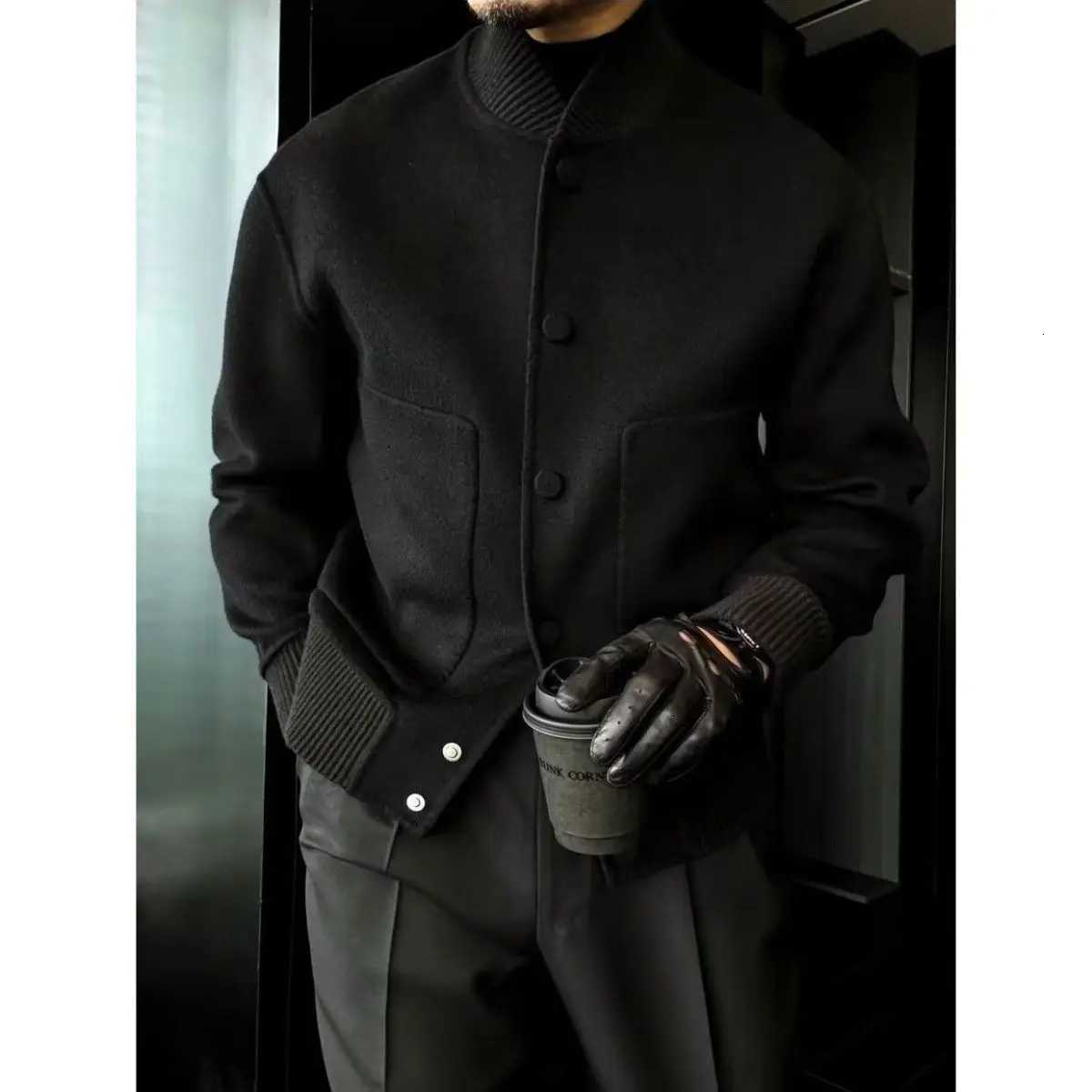 Mens Woolen Coat Fashion Brand Solid Color Stand Up Collar Versatile Trendy Jacket C260325