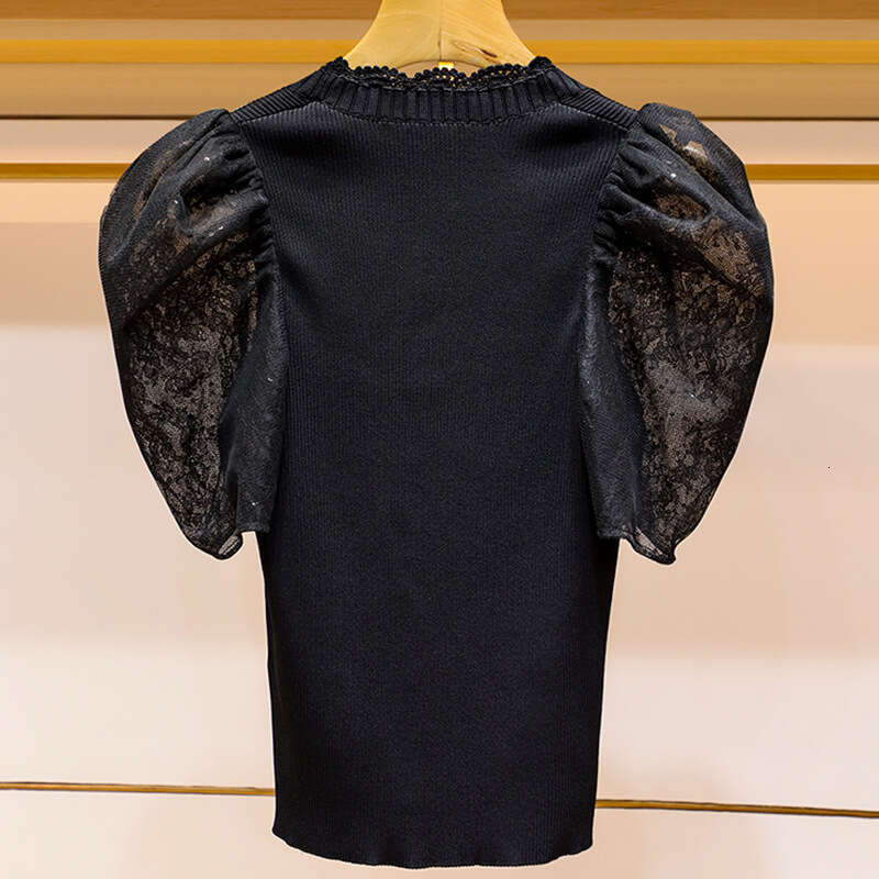 2026 Spring/Summer New Designer Bubble Short Sleeve Square Neck Lace Black k30 Thin Knitted Women's Elegant Top