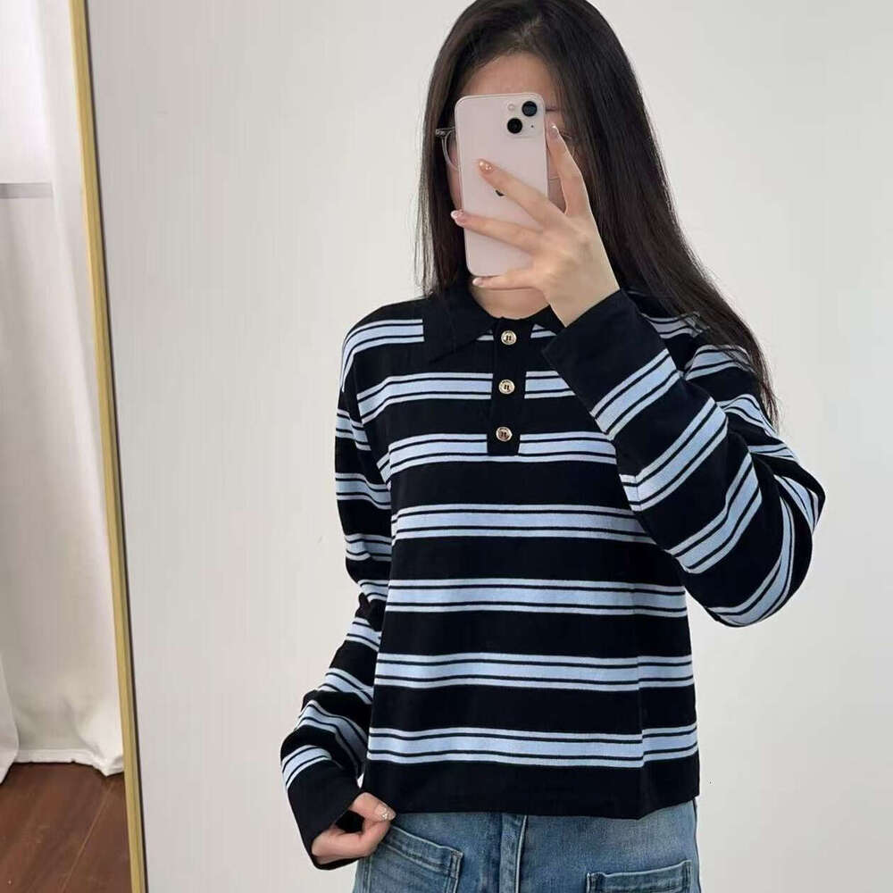 2026 autumn new designer casual loose two tone knitted k30 striped contrasting collar long sleeved top