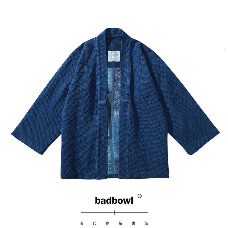 BADBOWL Japanese Retro Indigo Plant Kimono Blue Dyeing Road Robe Heavy Kendo Fabric Half Sleeve Jacket Men Casual Cardigan Coat C260325