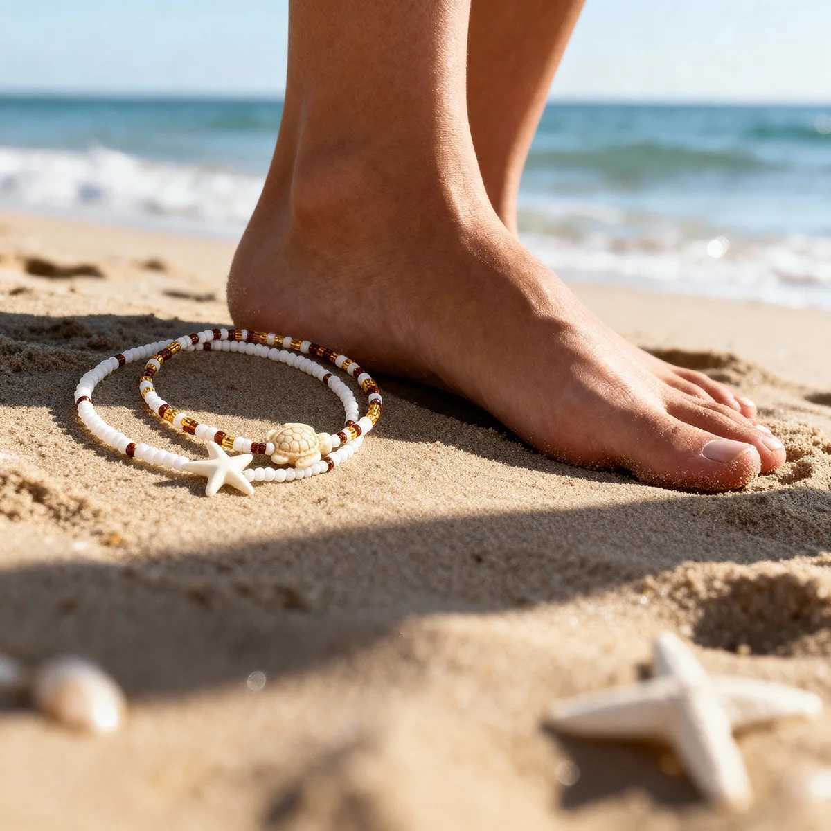 2Pcs Starfish Turtle Charm Anklet Set For Women Bohemian Summer Beach Ankle Elastic Chain on Leg Vacation Jewelry H260325 - view 4
