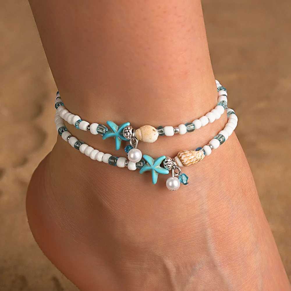 White Turquoise Beaded Chain Starfish Pendant Ankle Summer Charm Sandals Barefoot Beach Foot Bridal Jewelry H260325 - view 5