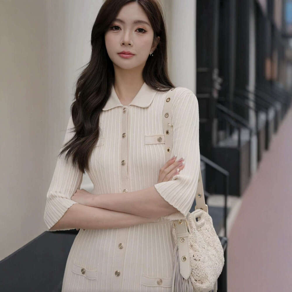 2026 Spring/Summer New Designer Elegant Fashion Striped Polo Collar Slim Knitted k30 Women's Dress