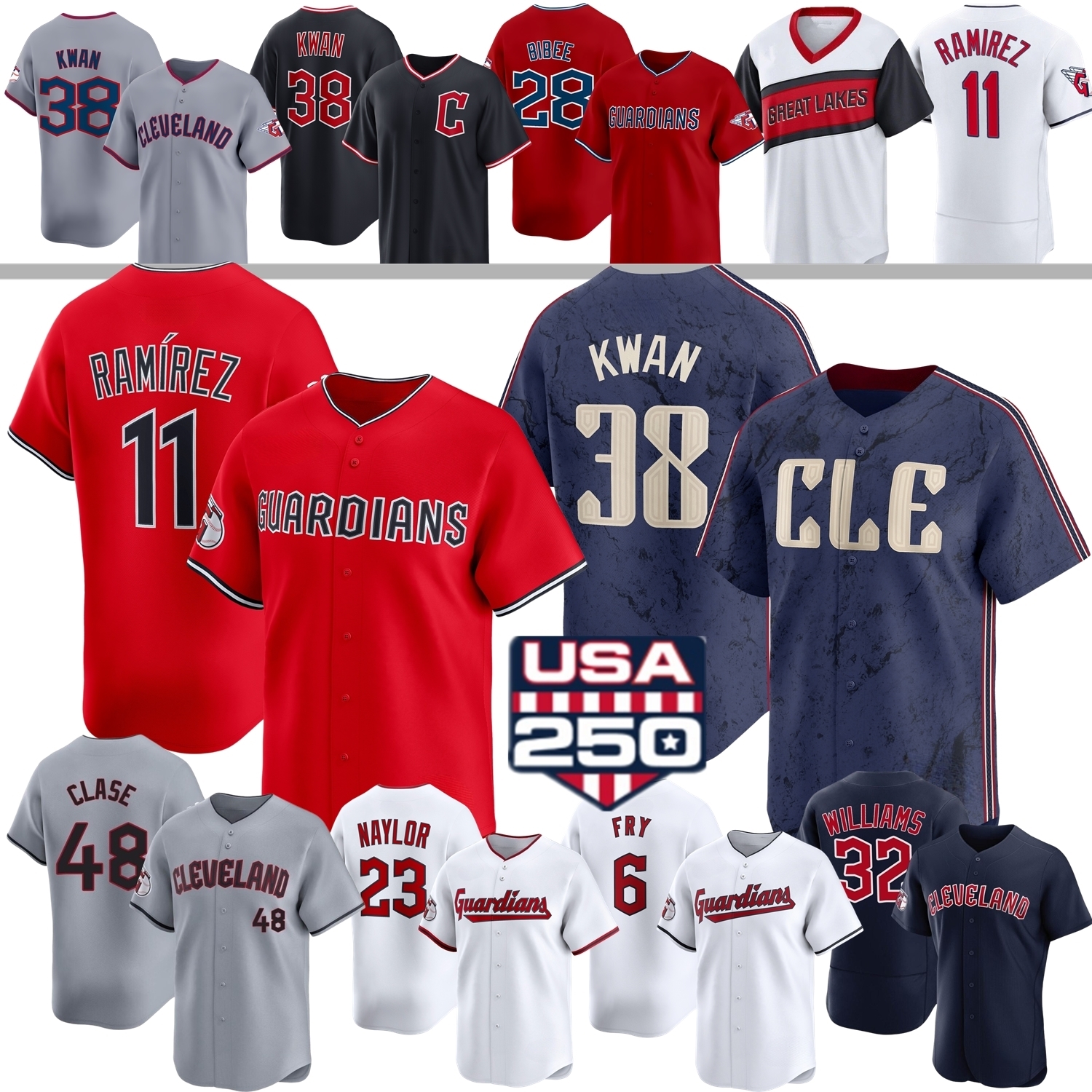 2026 Guardians Baseball Jersey #11 Jose Ramirez Steven Kwan Travis Bazzana Emmanuel Clase Chase DeLauter Rhys Hoskins Nolan Jones Bo Naylor Williams Espino Smith