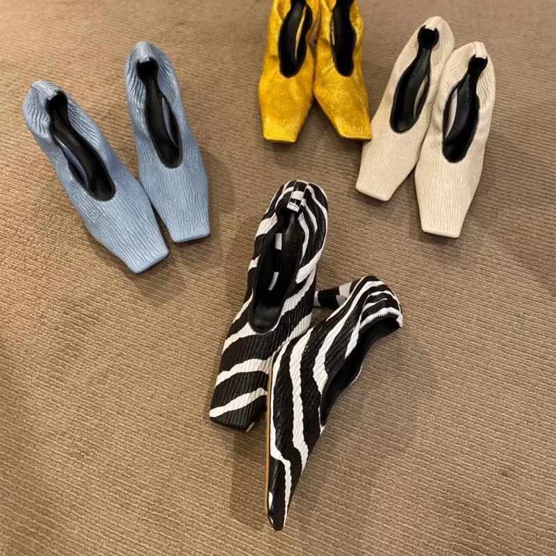2025 Square Head Early Spring Fine Heel Zebra-Print Soft Leather Pleated Elastic Witch High Heel Deep Mouth Granny Shoes 260316 - view 3