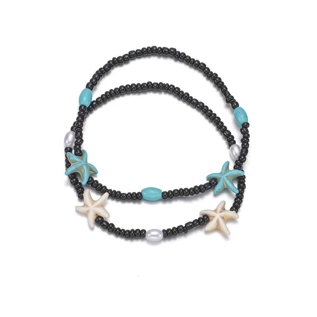 2-piece vacation beach style turquoise starfish mixed black beaded womens anklet H260325 - view 6