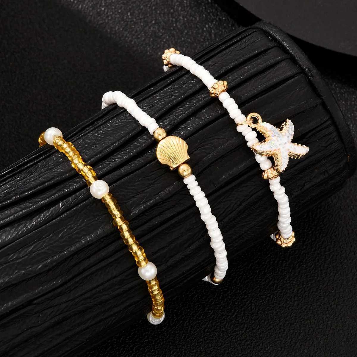 3Pcs/Set Bohemian Starfish Rice Beads Shell Anklet Set for Women Summer Gold White Color Multilayer Anklet Vacation Jewelry Gift H260325 - view 3
