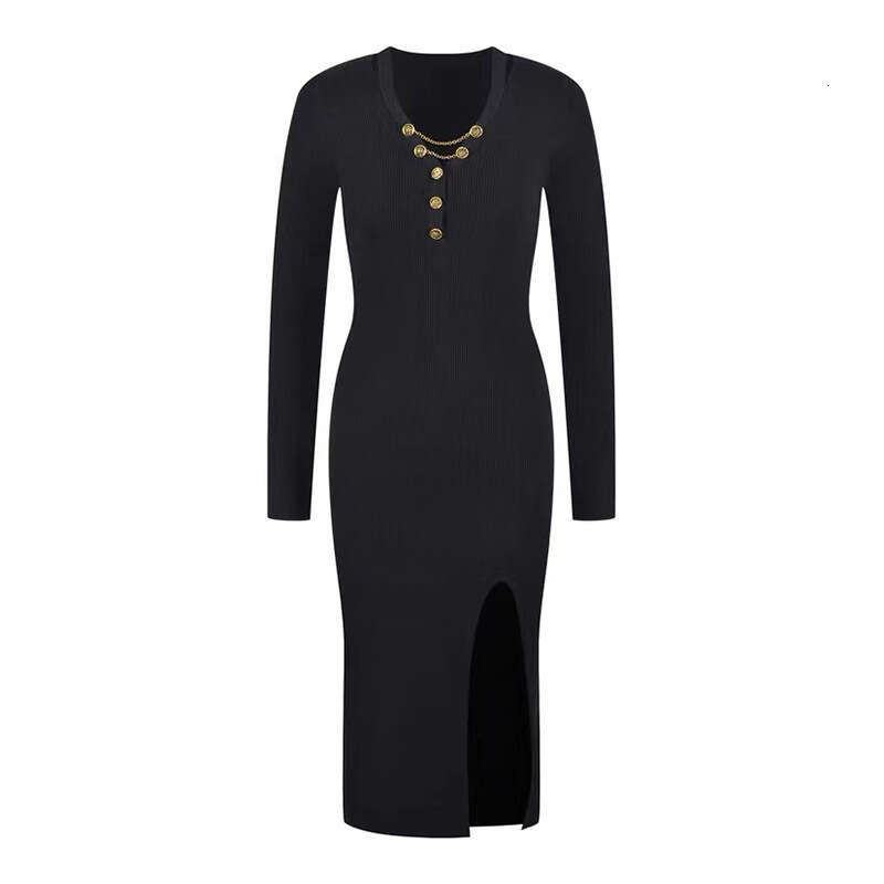 2026 autumn and winter designer k30 women's V-neck slim knit sexy black slit long sleeved dress