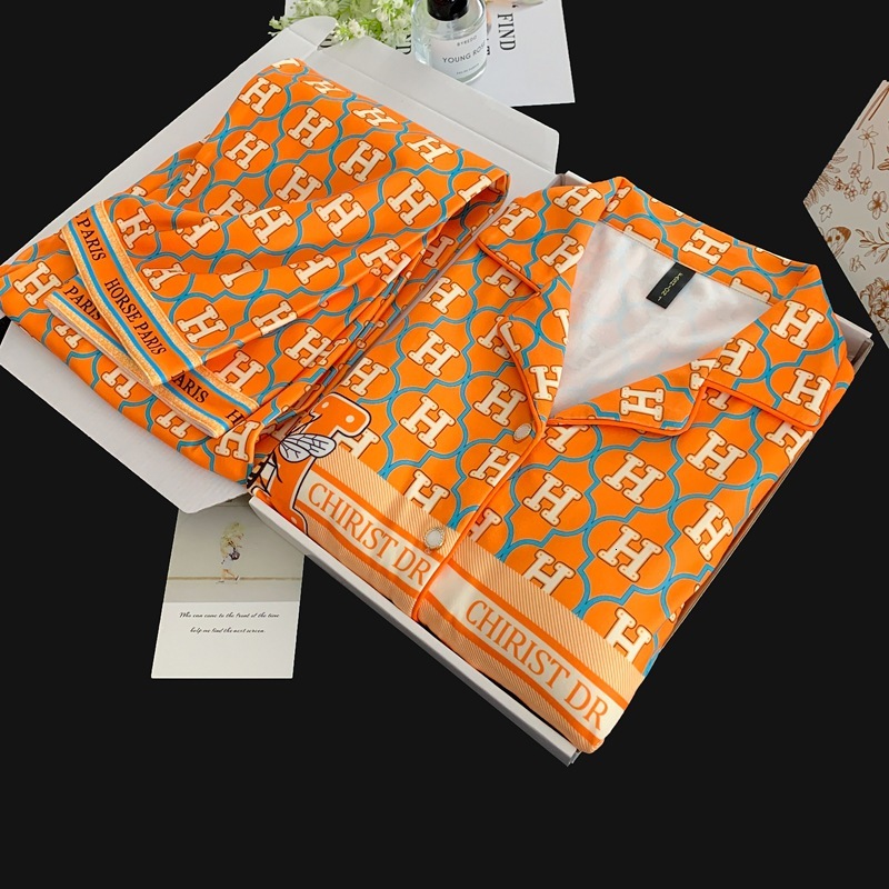 Pajamas Set Women Derong Autumn Winter Thickened Warm With Chest Pads Long Sleeve Long Pants Homewear Two Piece Set Orange Korean Style