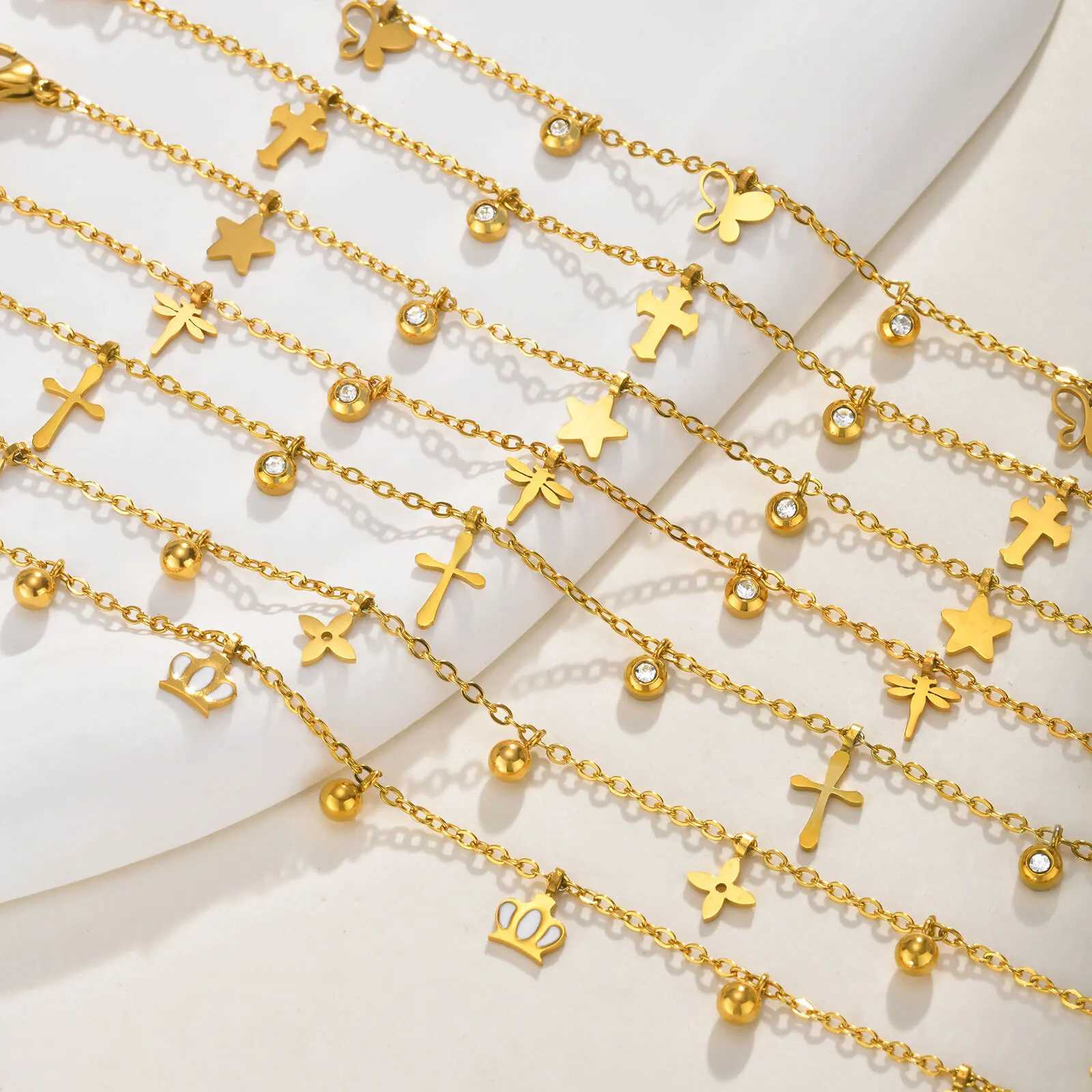 Waterproof Stainless Steel Foot Chain Anklet Women Crown/ Butterfly /cross/ Star Dangle Anklets Adjustable Link H260325 - view 5