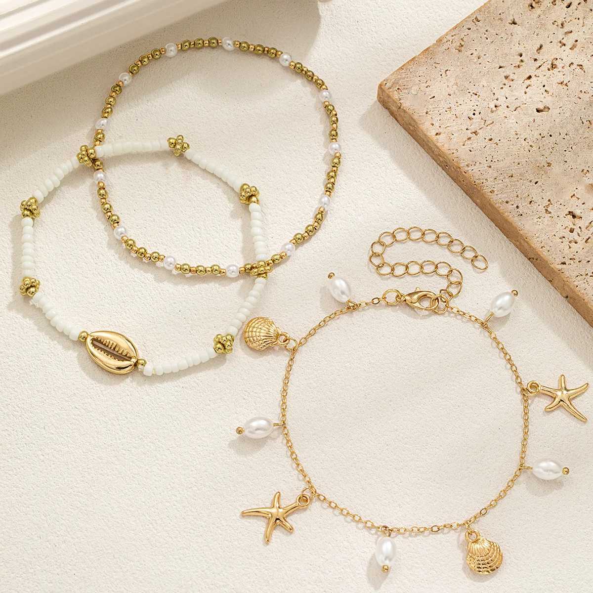 3 vacation beach style alloy shell scallop tassel ankle chains multi-layer layered summer bead womens ankle chains H260325 - view 5
