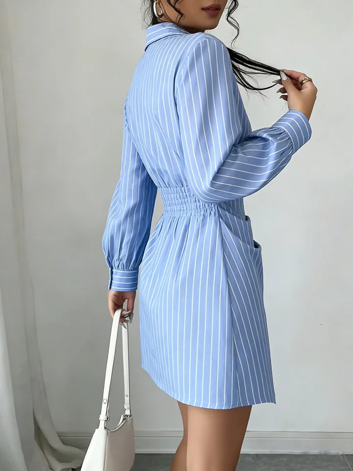 Women Dress Striped Wrap V Neck Ruched Shirt Mini Dress Chic Spring Summer Preppy Dress Office Work Date Tailored Outfit 260324