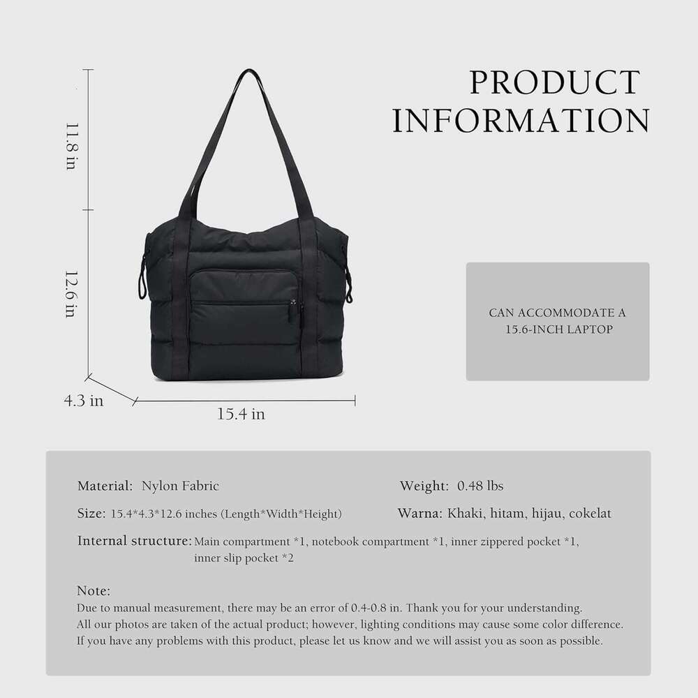 Women, Lightweight Quilted Puffer Tote with Multiple Pockets, Large Capacity Shoulder Work Bag for Travel