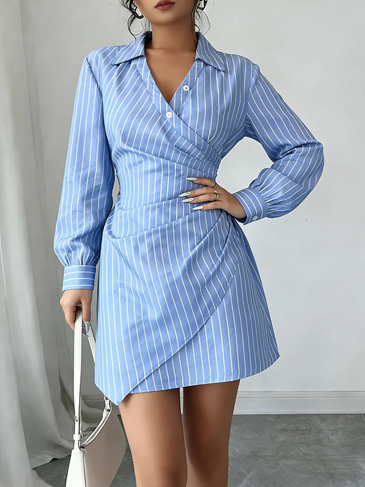 Women Dress Striped Wrap V Neck Ruched Shirt Mini Dress Chic Spring Summer Preppy Dress Office Work Date Tailored Outfit 260324
