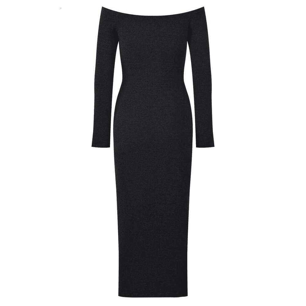 2026 Spring New Designer's Small Fragrance Inspired s4 Off Shoulder Black Single breasted Slimming Women's Long Dress