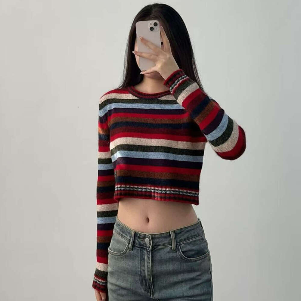 A5 2026 early autumn designer women's retro art rainbow striped knitted round neck pullover short top