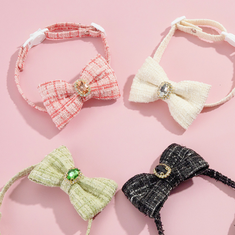 Pet Collar Adjustable With Cute Bow Tie Elegant Plaid Camellia Style Rhinestone Decor Soft Comfortable Fit For Small Dogs And Cats