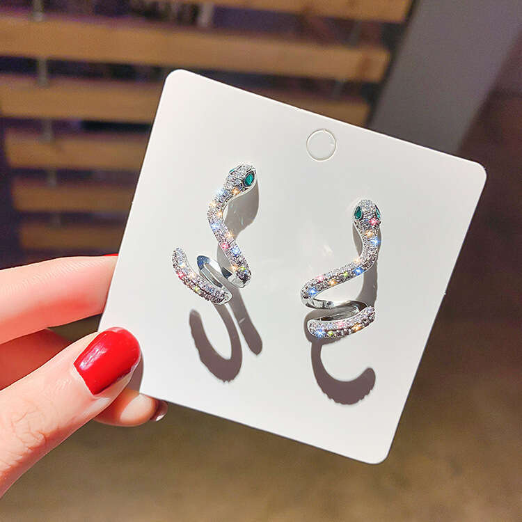 Earrings Electroplated Snake Shaped Ear Cuff With Unique Design Niche High End Feel Micro Inlaid Snake Stud Earrings Exaggerated Silver Designer For W - view 8